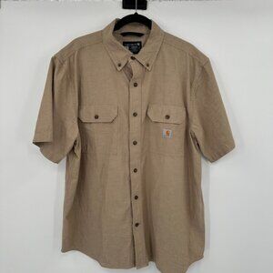 Carhartt Mens Large Tan Loose Fit Short Sleeve Button Up Work Shirt Outdoors